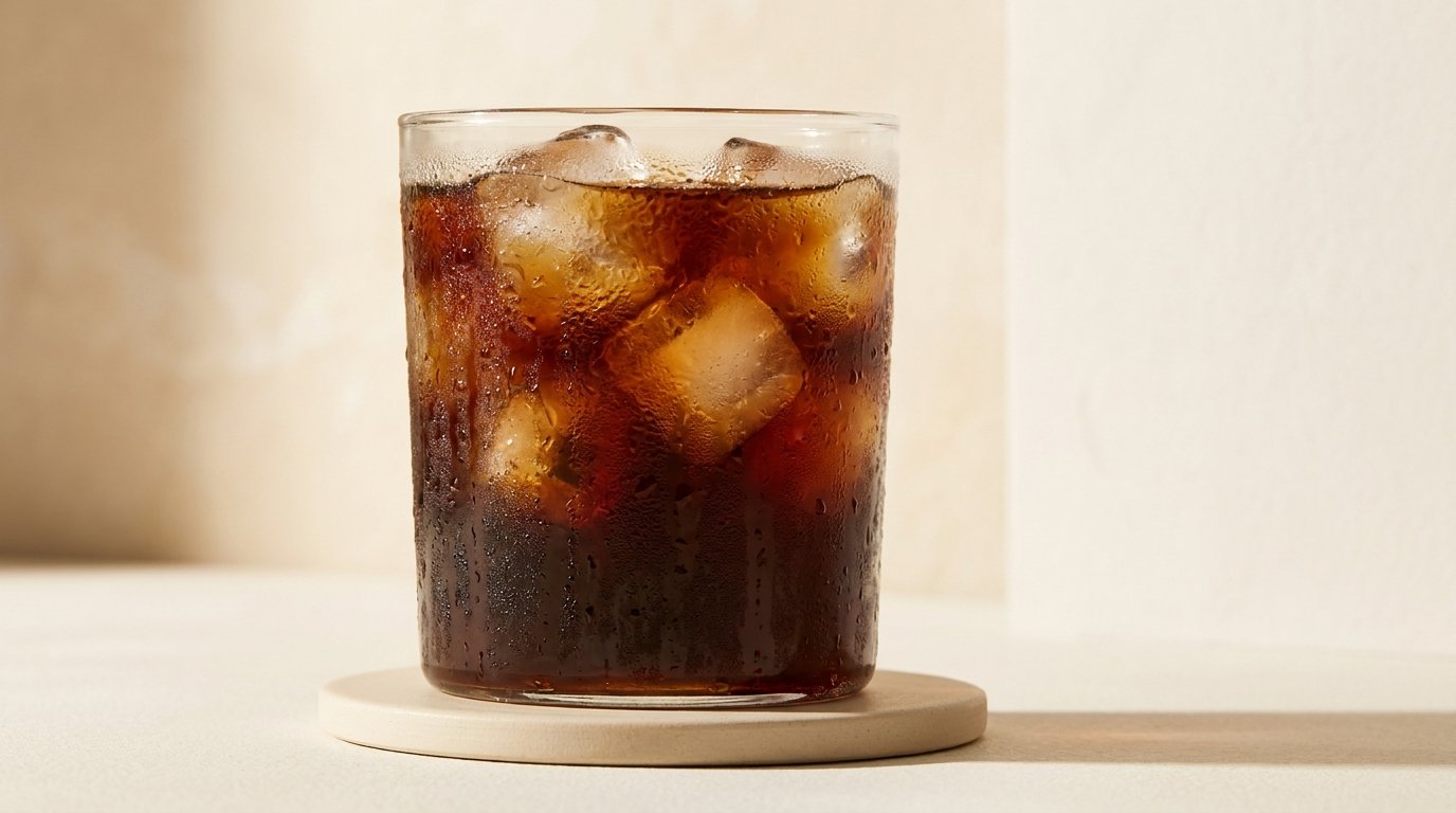 A tall glass of cold brew with ice and condensation, warm side light