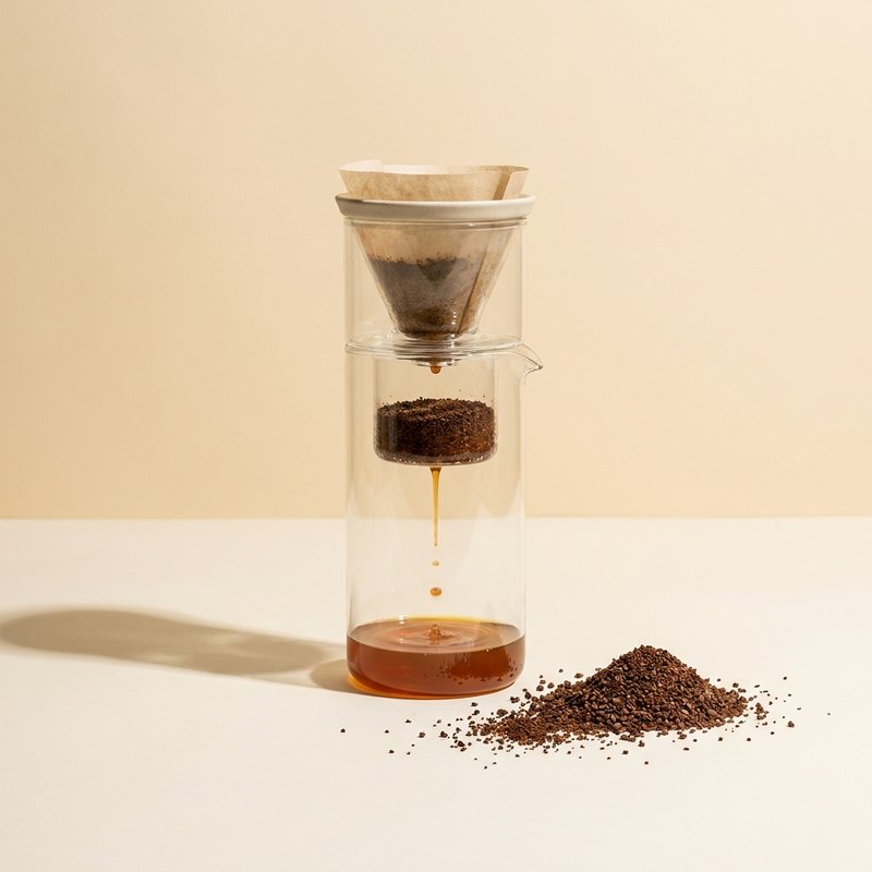 Cold brew extraction setup with glass vessel, filter, and coffee grounds