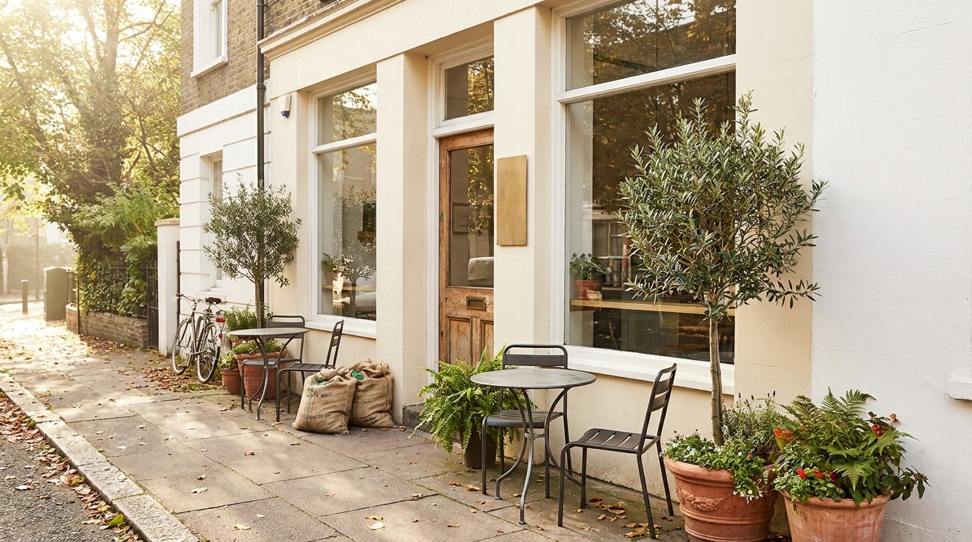 The Daily Brew storefront with outdoor seating and plants in morning light